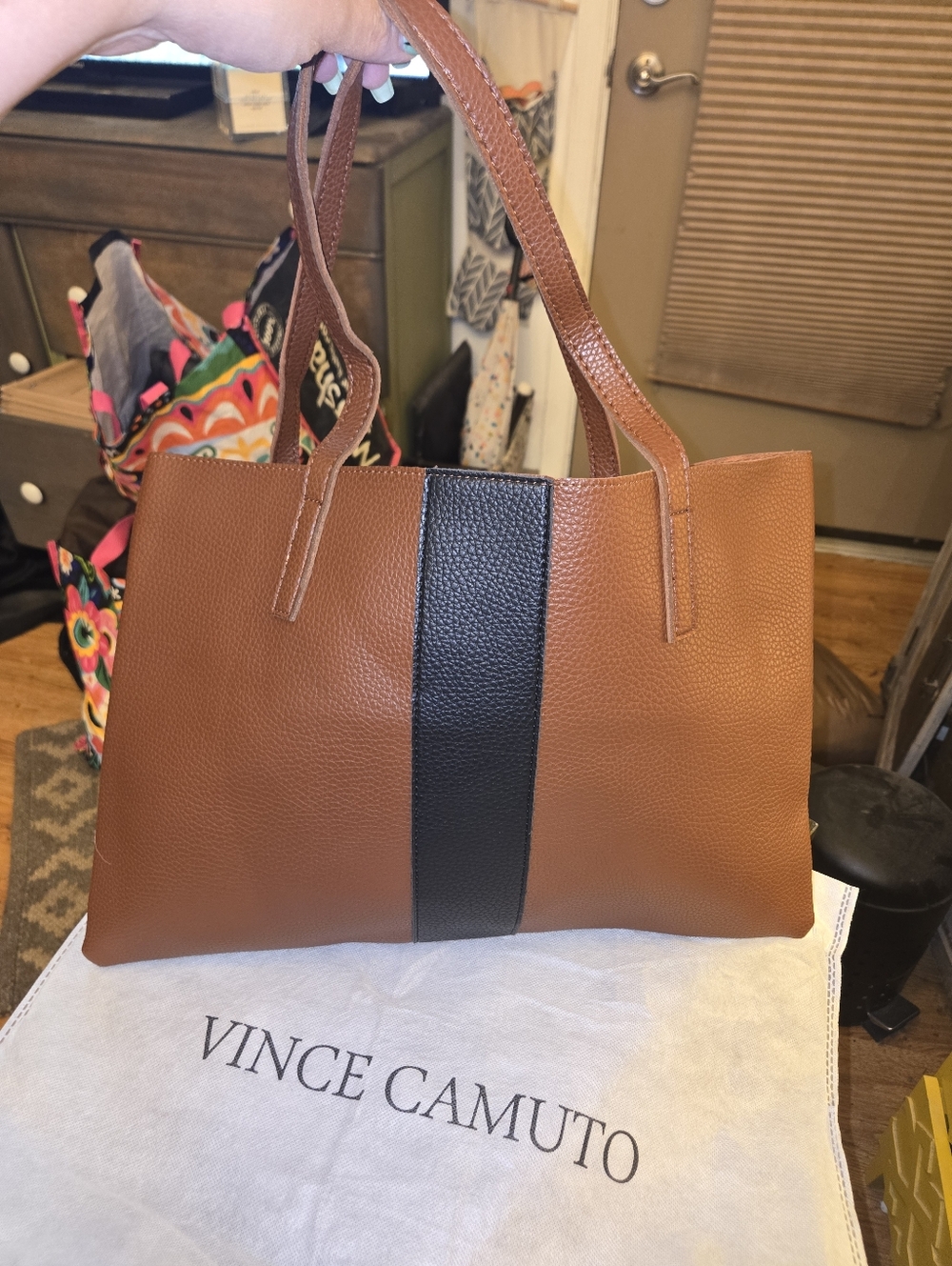 Vince Camuto Tan Tote with Black Center Stripe